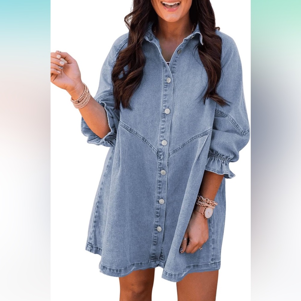 Sidefeel Womens Smocked 3 4 Sleeve Button Down Denim Jeans Dresses MEDIUM